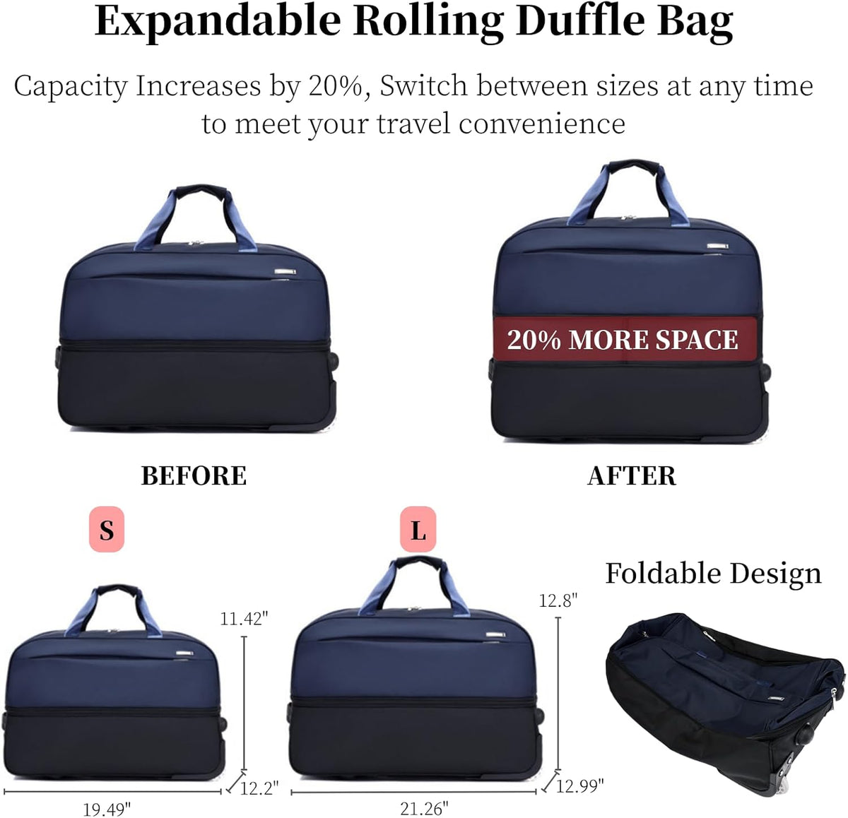 Expandable Rolling Duffel Bag with Wheels, Lightweight Roller Travel Tote for Women Men, Carry On Overnight Weekend Bag for Business Trip Travel