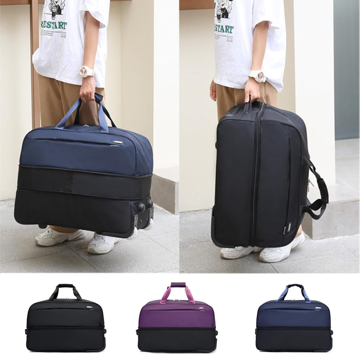 Expandable Rolling Duffel Bag with Wheels, Lightweight Roller Travel Tote for Women Men, Carry On Overnight Weekend Bag for Business Trip Travel