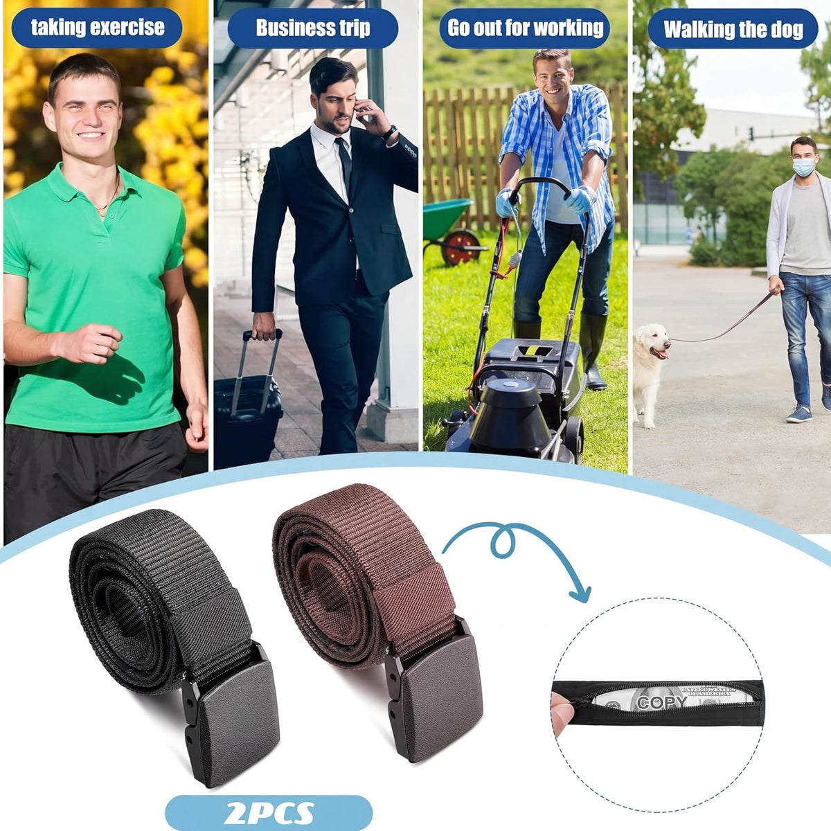 2 Pcs Money Belts for Travel for Men with Hidden Money Pocket Travel Security Belt Nylon Anti Theft Wallet with Plastic Buckle for Dad Business Outdoor Work Boyfriend, Coffee and Black