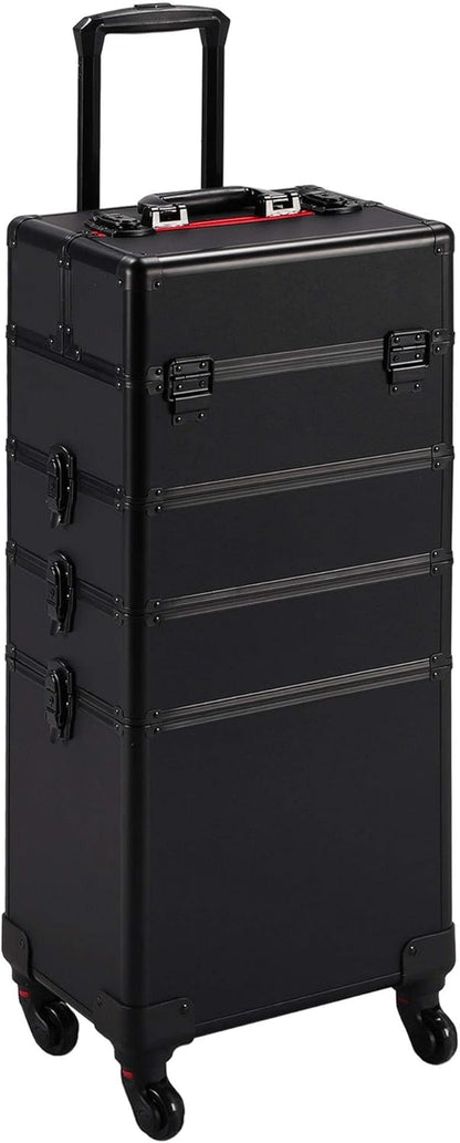 5 in 1 Rolling Makeup Train Case, Lockable Black Cosmetology Cart | Extra large aluminum-trimmed nail storage cart with detachable tiers, a lipstick organizer, shoulder strap and smooth wheels