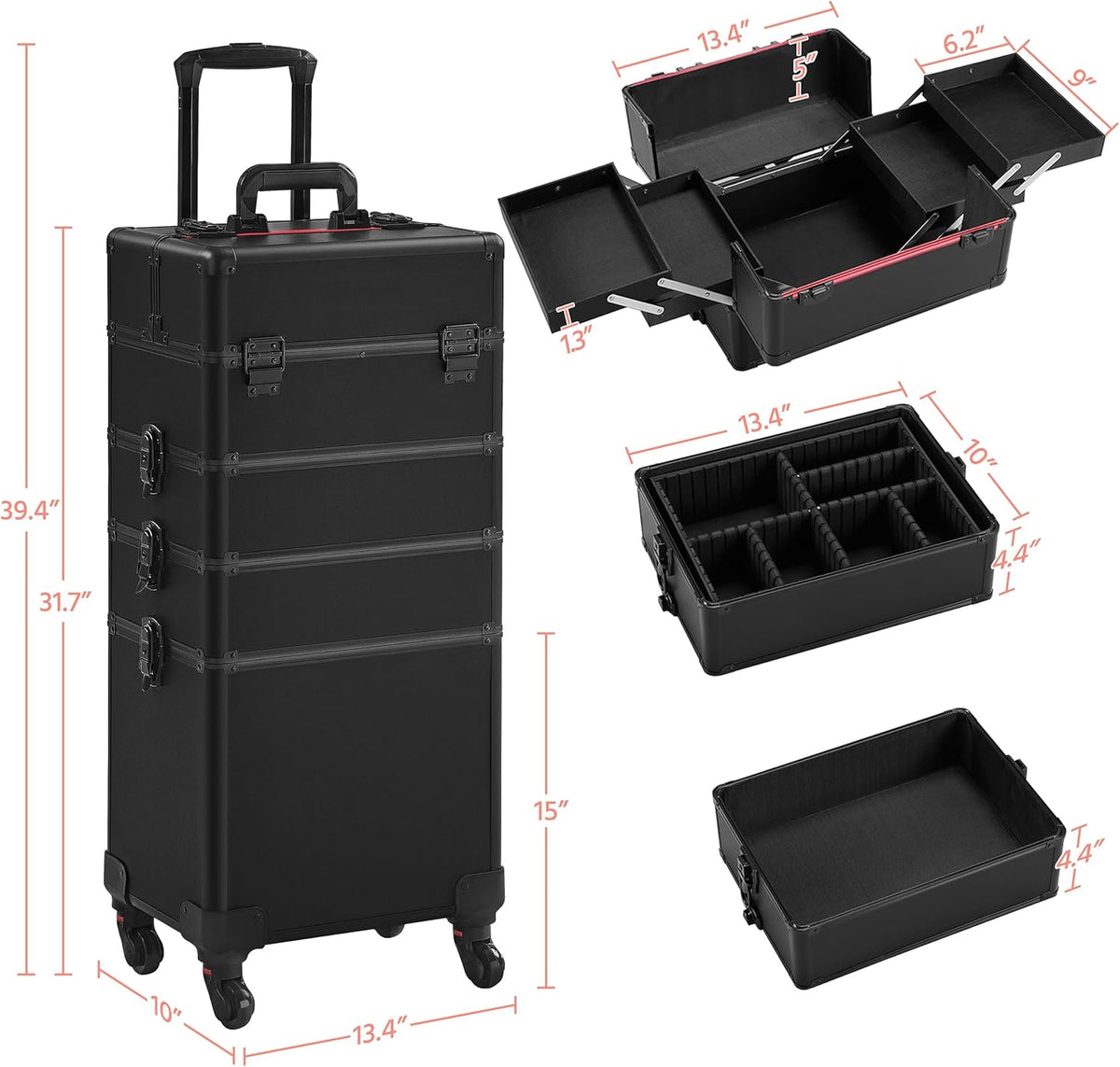 5 in 1 Rolling Makeup Train Case, Lockable Black Cosmetology Cart | Extra large aluminum-trimmed nail storage cart with detachable tiers, a lipstick organizer, shoulder strap and smooth wheels