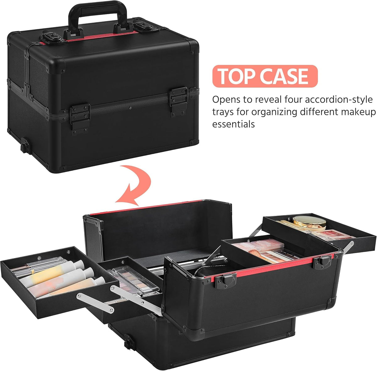 5 in 1 Rolling Makeup Train Case, Lockable Black Cosmetology Cart | Extra large aluminum-trimmed nail storage cart with detachable tiers, a lipstick organizer, shoulder strap and smooth wheels