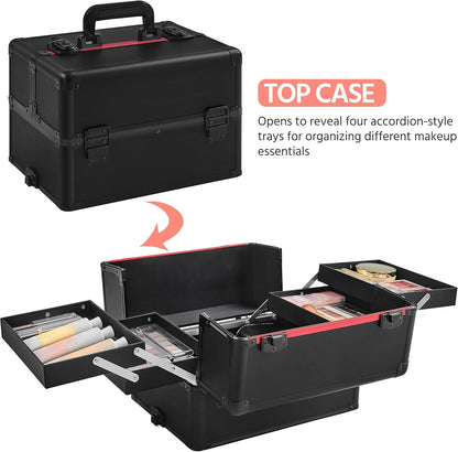 5 in 1 Rolling Makeup Train Case, Lockable Black Cosmetology Cart | Extra large aluminum-trimmed nail storage cart with detachable tiers, a lipstick organizer, shoulder strap and smooth wheels