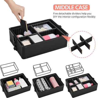 5 in 1 Rolling Makeup Train Case, Lockable Black Cosmetology Cart | Extra large aluminum-trimmed nail storage cart with detachable tiers, a lipstick organizer, shoulder strap and smooth wheels