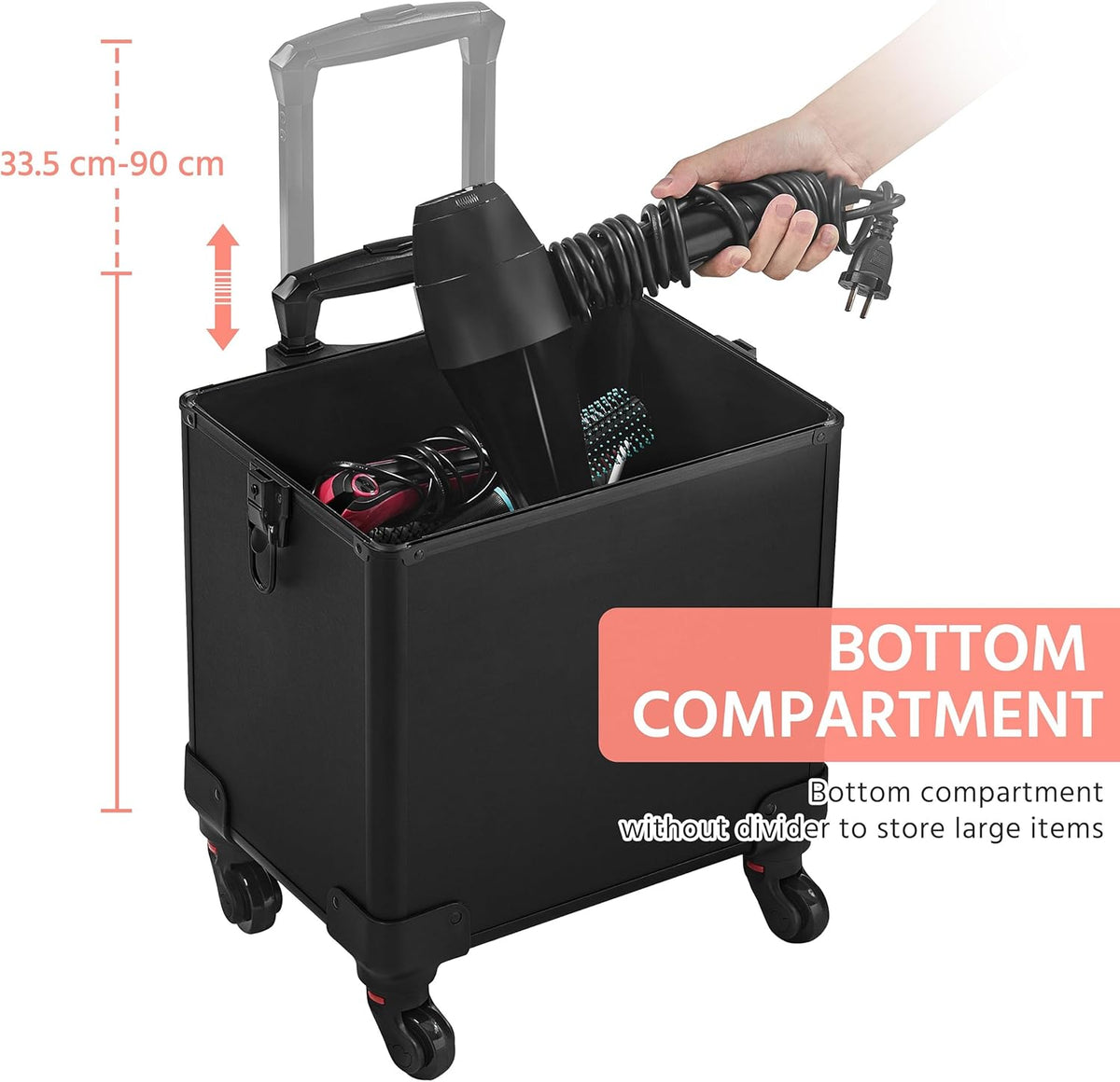 5 in 1 Rolling Makeup Train Case, Lockable Black Cosmetology Cart | Extra large aluminum-trimmed nail storage cart with detachable tiers, a lipstick organizer, shoulder strap and smooth wheels