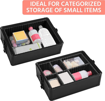 5 in 1 Rolling Makeup Train Case, Lockable Black Cosmetology Cart | Extra large aluminum-trimmed nail storage cart with detachable tiers, a lipstick organizer, shoulder strap and smooth wheels