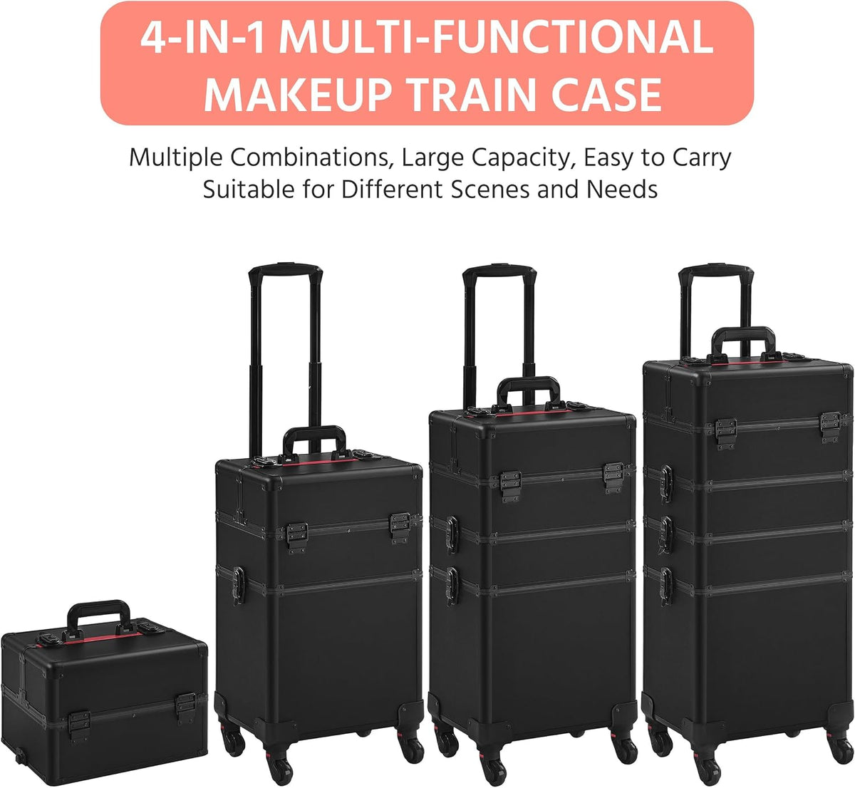 5 in 1 Rolling Makeup Train Case, Lockable Black Cosmetology Cart | Extra large aluminum-trimmed nail storage cart with detachable tiers, a lipstick organizer, shoulder strap and smooth wheels