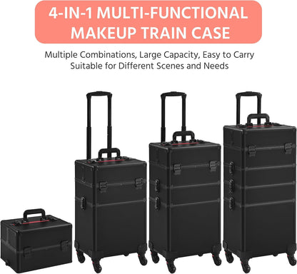 5 in 1 Rolling Makeup Train Case, Lockable Black Cosmetology Cart | Extra large aluminum-trimmed nail storage cart with detachable tiers, a lipstick organizer, shoulder strap and smooth wheels