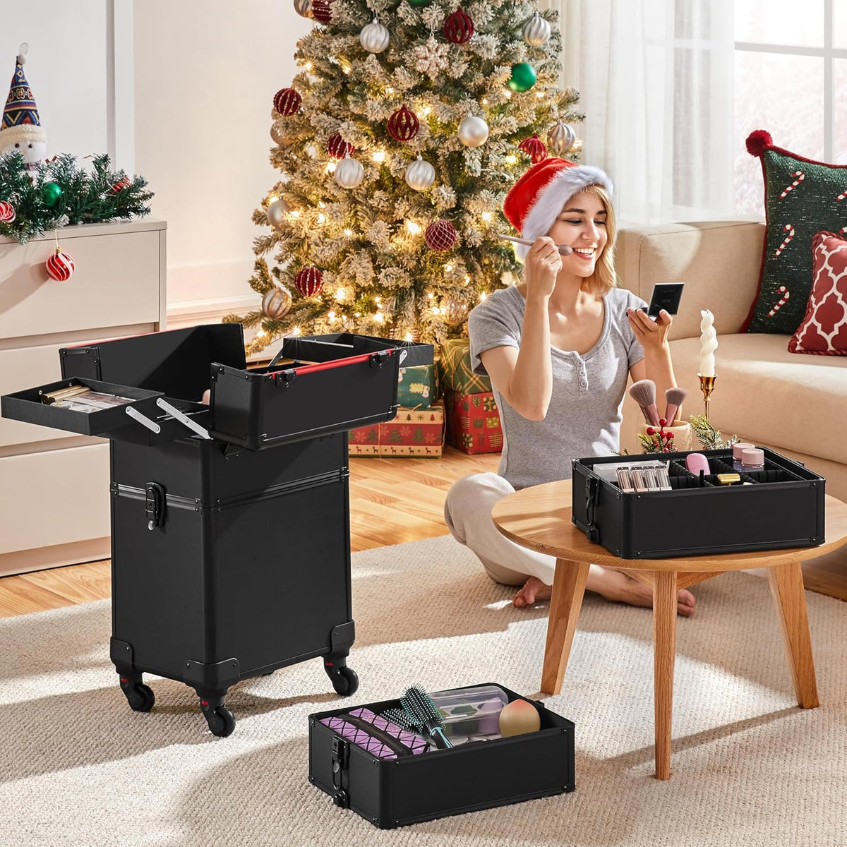 5 in 1 Rolling Makeup Train Case, Lockable Black Cosmetology Cart | Extra large aluminum-trimmed nail storage cart with detachable tiers, a lipstick organizer, shoulder strap and smooth wheels