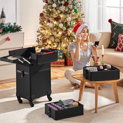 5 in 1 Rolling Makeup Train Case, Lockable Black Cosmetology Cart | Extra large aluminum-trimmed nail storage cart with detachable tiers, a lipstick organizer, shoulder strap and smooth wheels