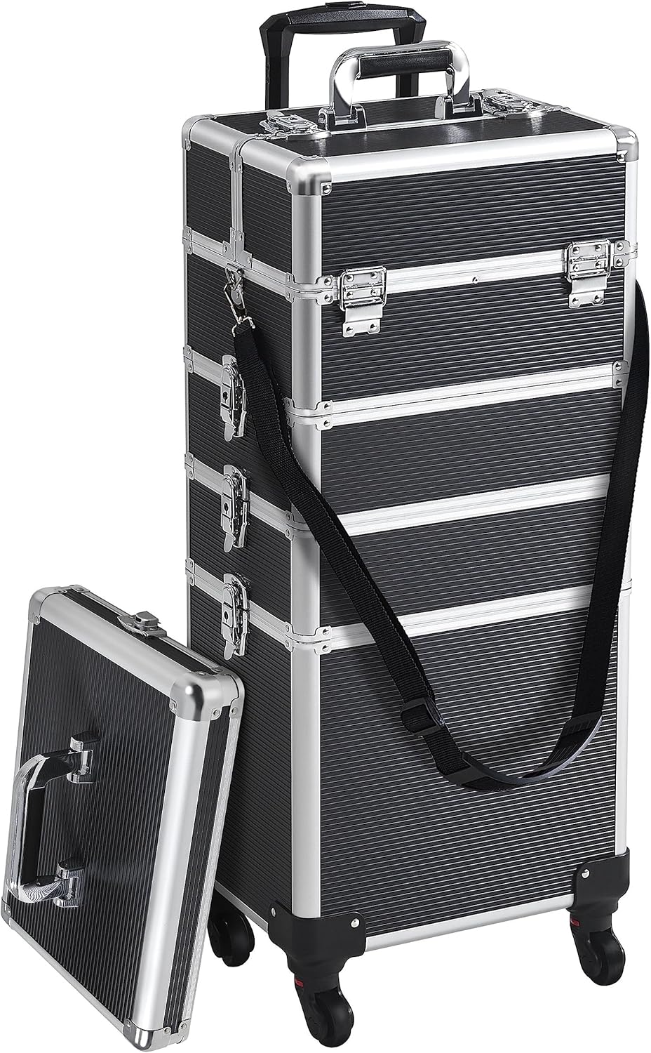 5 in 1 Rolling Makeup Train Case, Lockable Black Cosmetology Cart | Extra large aluminum-trimmed nail storage cart with detachable tiers, a lipstick organizer, shoulder strap and smooth wheels