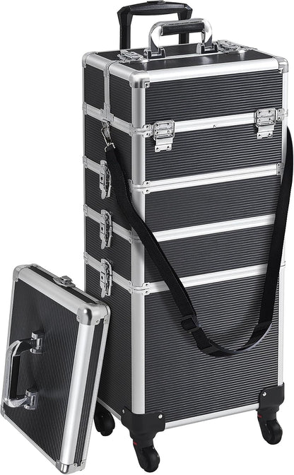 5 in 1 Rolling Makeup Train Case, Lockable Black Cosmetology Cart | Extra large aluminum-trimmed nail storage cart with detachable tiers, a lipstick organizer, shoulder strap and smooth wheels
