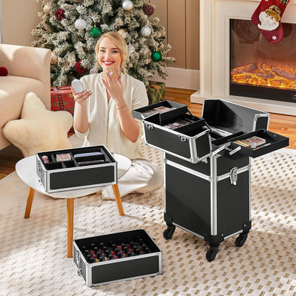 5 in 1 Rolling Makeup Train Case, Lockable Black Cosmetology Cart | Extra large aluminum-trimmed nail storage cart with detachable tiers, a lipstick organizer, shoulder strap and smooth wheels