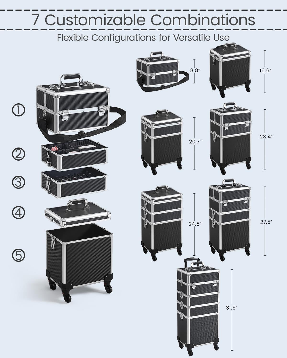 5 in 1 Rolling Makeup Train Case, Lockable Black Cosmetology Cart | Extra large aluminum-trimmed nail storage cart with detachable tiers, a lipstick organizer, shoulder strap and smooth wheels