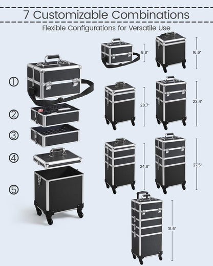 5 in 1 Rolling Makeup Train Case, Lockable Black Cosmetology Cart | Extra large aluminum-trimmed nail storage cart with detachable tiers, a lipstick organizer, shoulder strap and smooth wheels