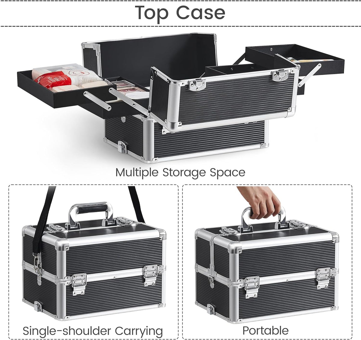 5 in 1 Rolling Makeup Train Case, Lockable Black Cosmetology Cart | Extra large aluminum-trimmed nail storage cart with detachable tiers, a lipstick organizer, shoulder strap and smooth wheels