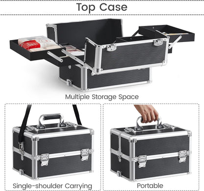 5 in 1 Rolling Makeup Train Case, Lockable Black Cosmetology Cart | Extra large aluminum-trimmed nail storage cart with detachable tiers, a lipstick organizer, shoulder strap and smooth wheels