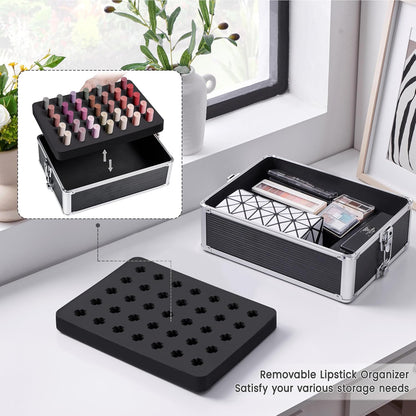 5 in 1 Rolling Makeup Train Case, Lockable Black Cosmetology Cart | Extra large aluminum-trimmed nail storage cart with detachable tiers, a lipstick organizer, shoulder strap and smooth wheels