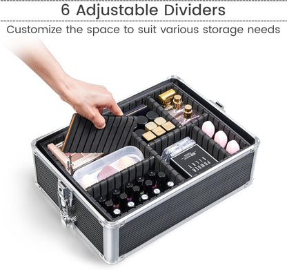 5 in 1 Rolling Makeup Train Case, Lockable Black Cosmetology Cart | Extra large aluminum-trimmed nail storage cart with detachable tiers, a lipstick organizer, shoulder strap and smooth wheels