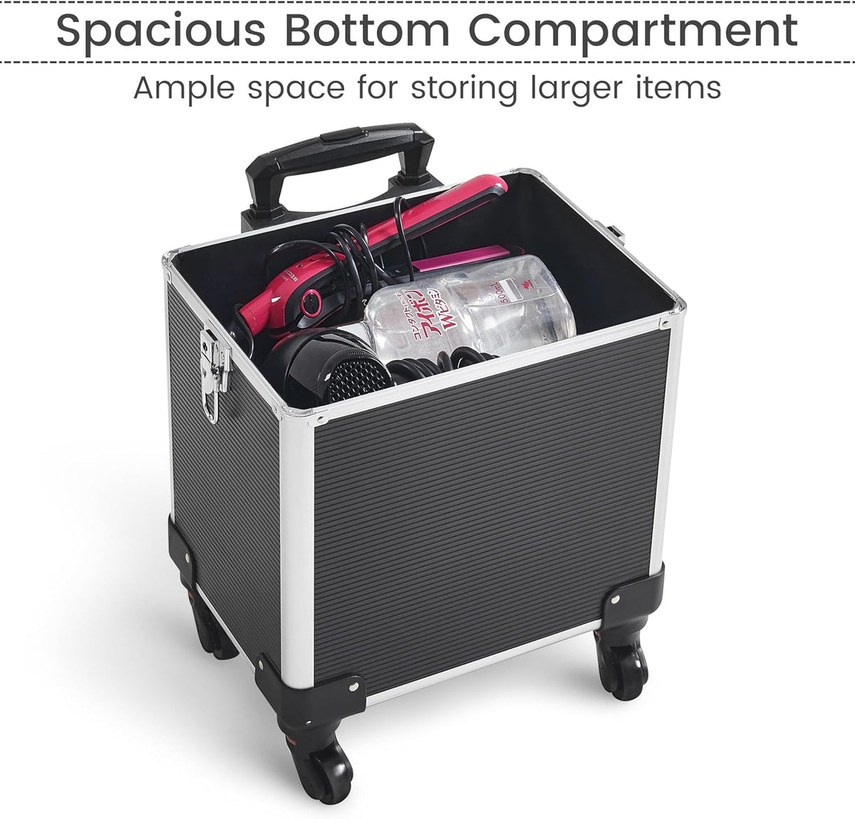 5 in 1 Rolling Makeup Train Case, Lockable Black Cosmetology Cart | Extra large aluminum-trimmed nail storage cart with detachable tiers, a lipstick organizer, shoulder strap and smooth wheels