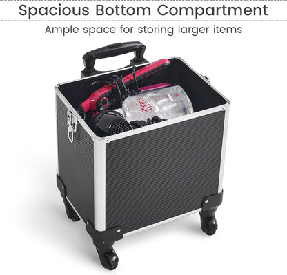 5 in 1 Rolling Makeup Train Case, Lockable Black Cosmetology Cart | Extra large aluminum-trimmed nail storage cart with detachable tiers, a lipstick organizer, shoulder strap and smooth wheels