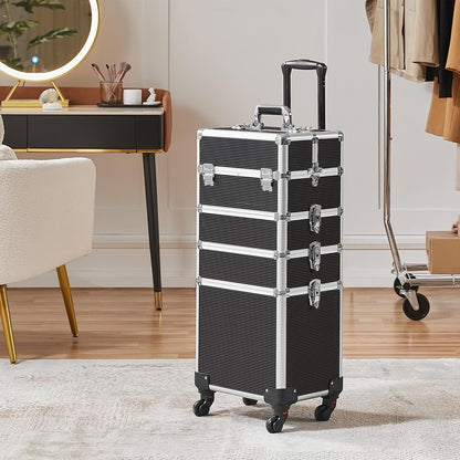 5 in 1 Rolling Makeup Train Case, Lockable Black Cosmetology Cart | Extra large aluminum-trimmed nail storage cart with detachable tiers, a lipstick organizer, shoulder strap and smooth wheels