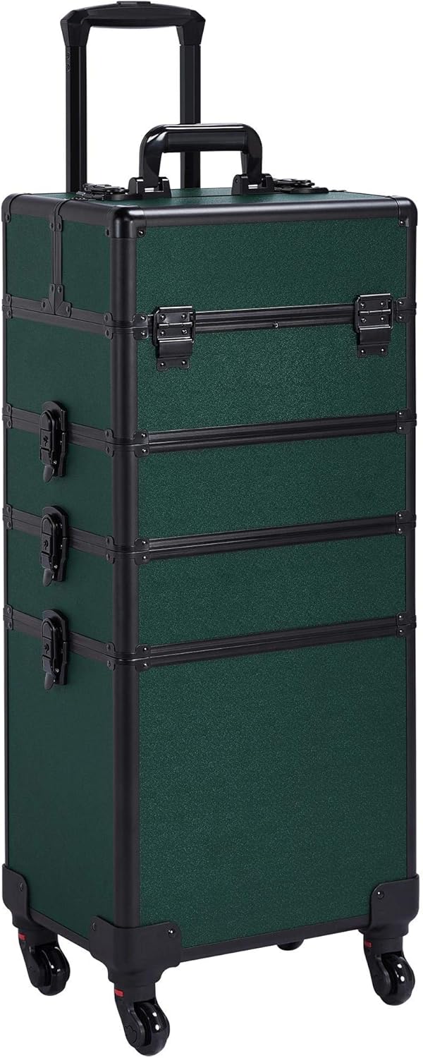 5 in 1 Rolling Makeup Train Case, Lockable Black Cosmetology Cart | Extra large aluminum-trimmed nail storage cart with detachable tiers, a lipstick organizer, shoulder strap and smooth wheels