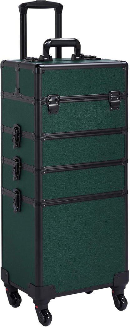 5 in 1 Rolling Makeup Train Case, Lockable Black Cosmetology Cart | Extra large aluminum-trimmed nail storage cart with detachable tiers, a lipstick organizer, shoulder strap and smooth wheels