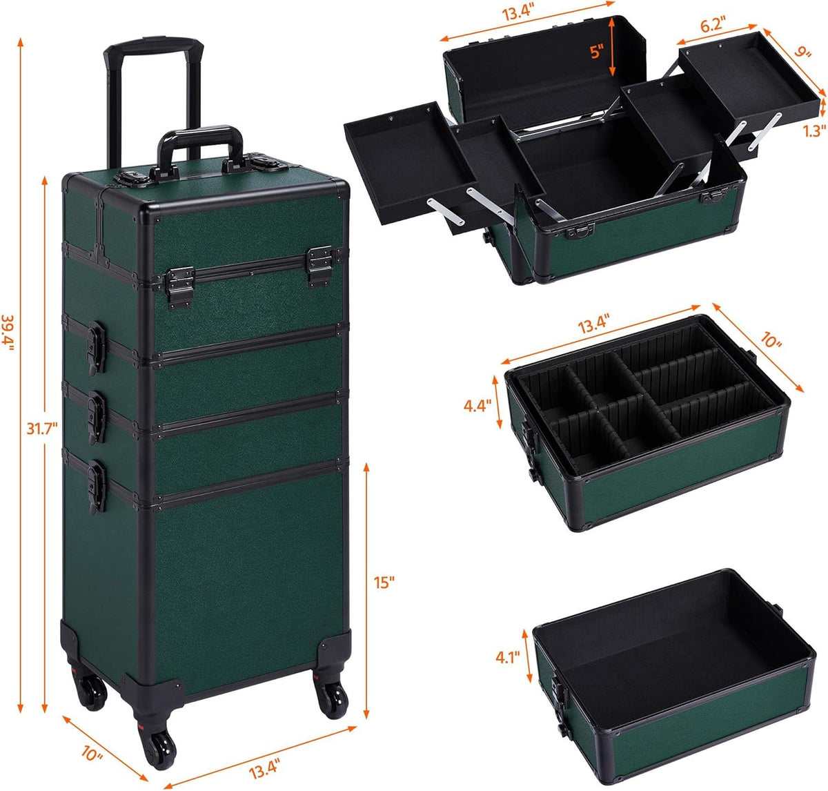 5 in 1 Rolling Makeup Train Case, Lockable Black Cosmetology Cart | Extra large aluminum-trimmed nail storage cart with detachable tiers, a lipstick organizer, shoulder strap and smooth wheels
