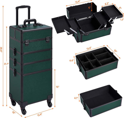 5 in 1 Rolling Makeup Train Case, Lockable Black Cosmetology Cart | Extra large aluminum-trimmed nail storage cart with detachable tiers, a lipstick organizer, shoulder strap and smooth wheels