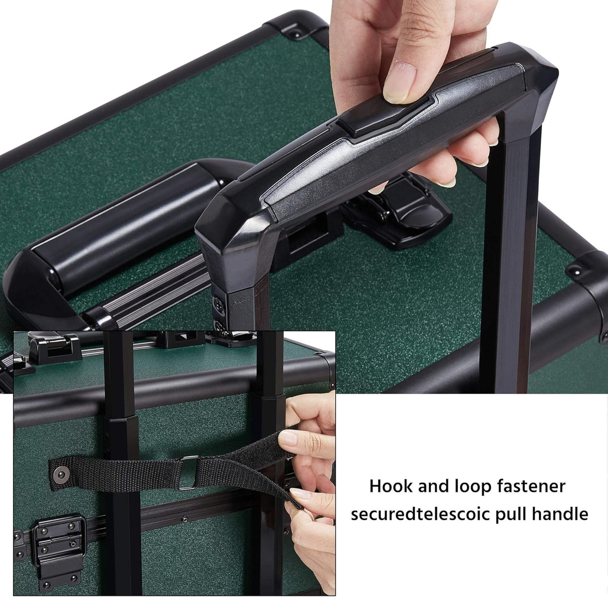 5 in 1 Rolling Makeup Train Case, Lockable Black Cosmetology Cart | Extra large aluminum-trimmed nail storage cart with detachable tiers, a lipstick organizer, shoulder strap and smooth wheels