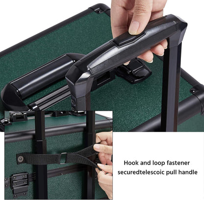 5 in 1 Rolling Makeup Train Case, Lockable Black Cosmetology Cart | Extra large aluminum-trimmed nail storage cart with detachable tiers, a lipstick organizer, shoulder strap and smooth wheels