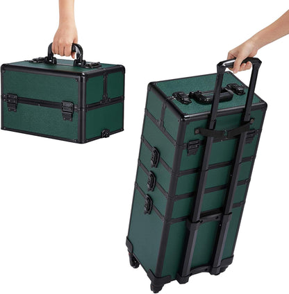 5 in 1 Rolling Makeup Train Case, Lockable Black Cosmetology Cart | Extra large aluminum-trimmed nail storage cart with detachable tiers, a lipstick organizer, shoulder strap and smooth wheels