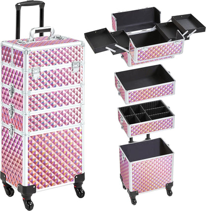 5 in 1 Rolling Makeup Train Case, Lockable Black Cosmetology Cart | Extra large aluminum-trimmed nail storage cart with detachable tiers, a lipstick organizer, shoulder strap and smooth wheels