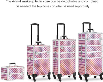 5 in 1 Rolling Makeup Train Case, Lockable Black Cosmetology Cart | Extra large aluminum-trimmed nail storage cart with detachable tiers, a lipstick organizer, shoulder strap and smooth wheels