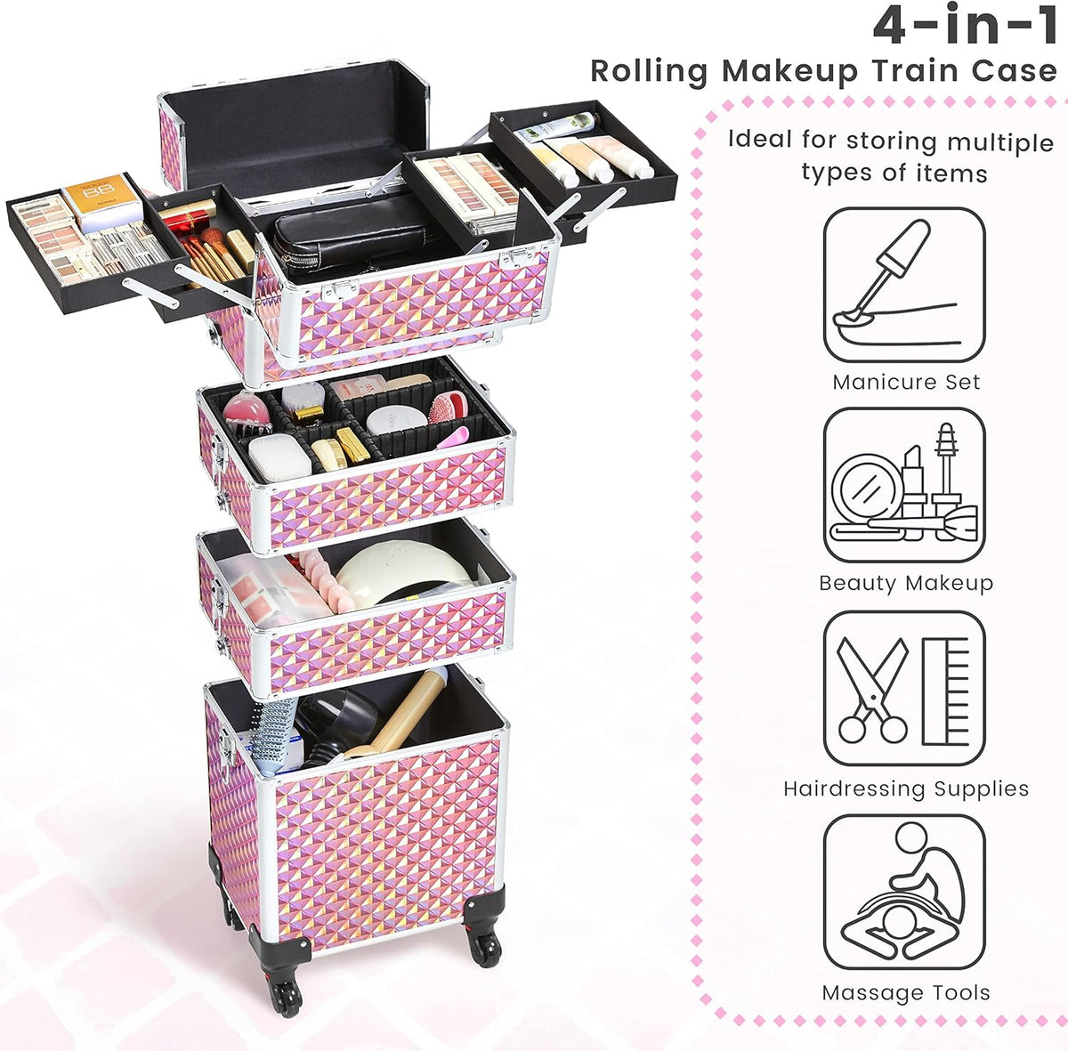 5 in 1 Rolling Makeup Train Case, Lockable Black Cosmetology Cart | Extra large aluminum-trimmed nail storage cart with detachable tiers, a lipstick organizer, shoulder strap and smooth wheels