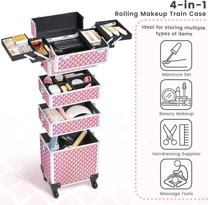 5 in 1 Rolling Makeup Train Case, Lockable Black Cosmetology Cart | Extra large aluminum-trimmed nail storage cart with detachable tiers, a lipstick organizer, shoulder strap and smooth wheels