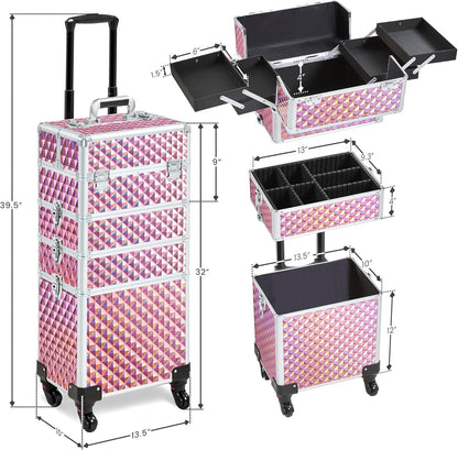 5 in 1 Rolling Makeup Train Case, Lockable Black Cosmetology Cart | Extra large aluminum-trimmed nail storage cart with detachable tiers, a lipstick organizer, shoulder strap and smooth wheels