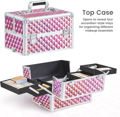 5 in 1 Rolling Makeup Train Case, Lockable Black Cosmetology Cart | Extra large aluminum-trimmed nail storage cart with detachable tiers, a lipstick organizer, shoulder strap and smooth wheels