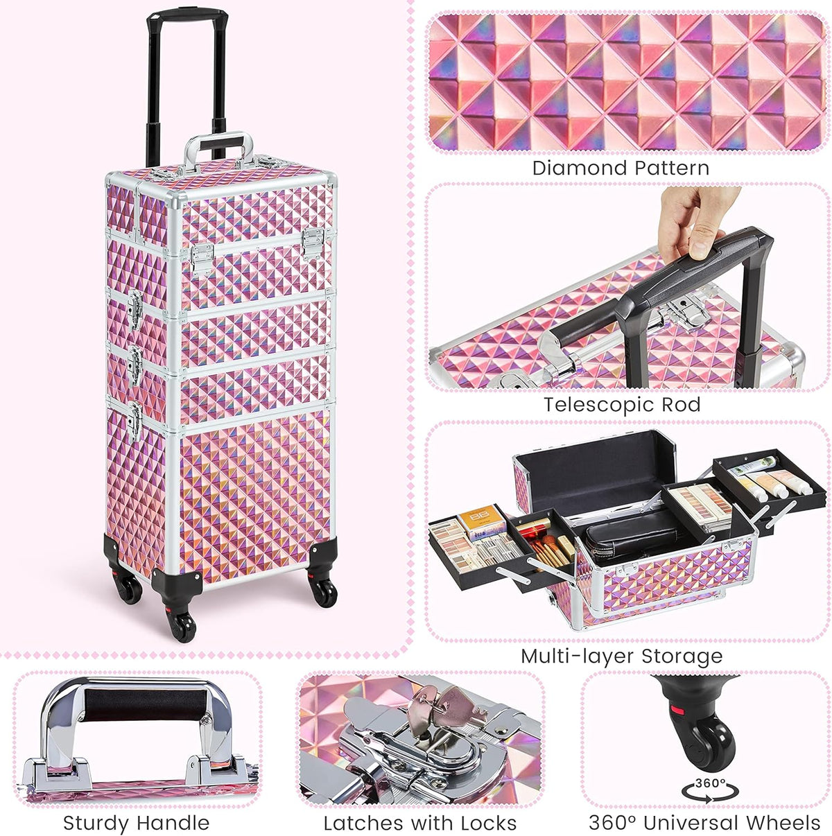 5 in 1 Rolling Makeup Train Case, Lockable Black Cosmetology Cart | Extra large aluminum-trimmed nail storage cart with detachable tiers, a lipstick organizer, shoulder strap and smooth wheels