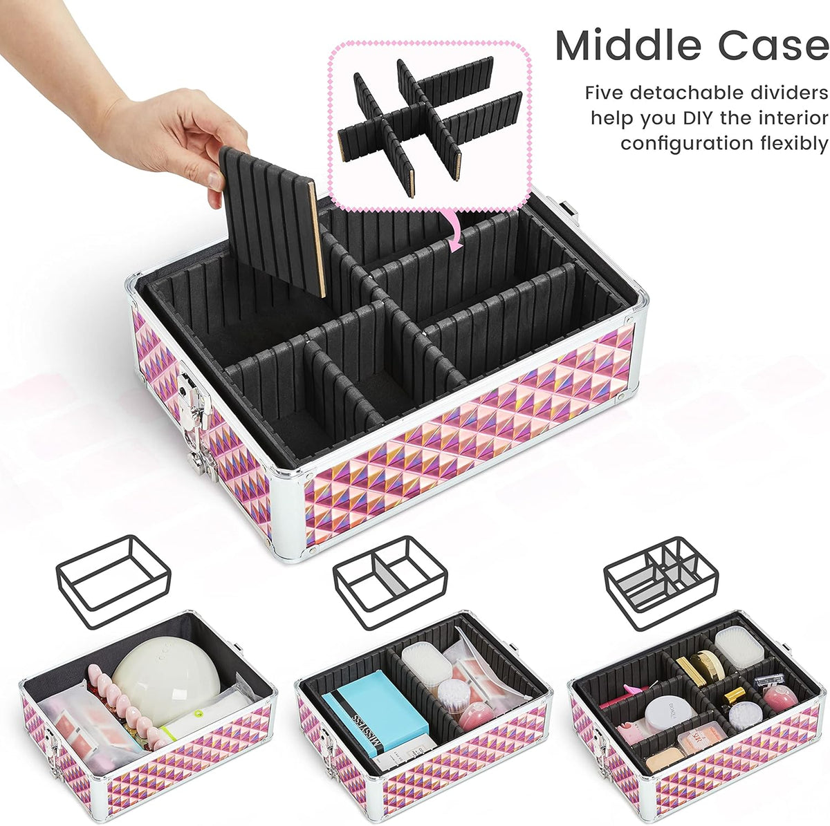 5 in 1 Rolling Makeup Train Case, Lockable Black Cosmetology Cart | Extra large aluminum-trimmed nail storage cart with detachable tiers, a lipstick organizer, shoulder strap and smooth wheels