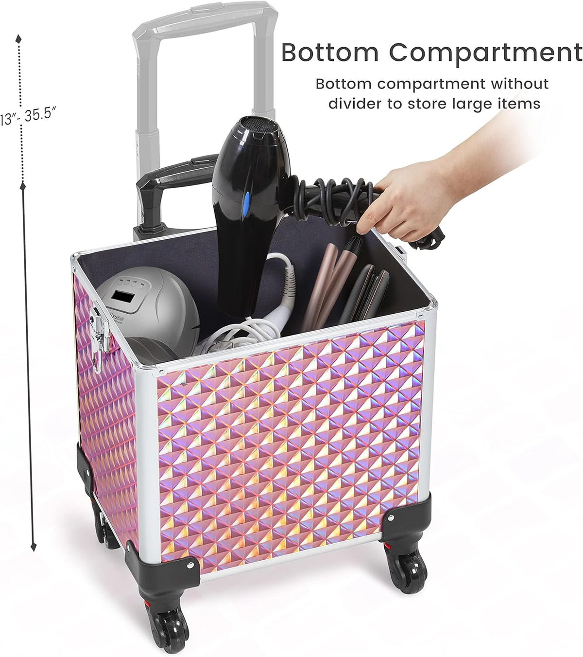5 in 1 Rolling Makeup Train Case, Lockable Black Cosmetology Cart | Extra large aluminum-trimmed nail storage cart with detachable tiers, a lipstick organizer, shoulder strap and smooth wheels