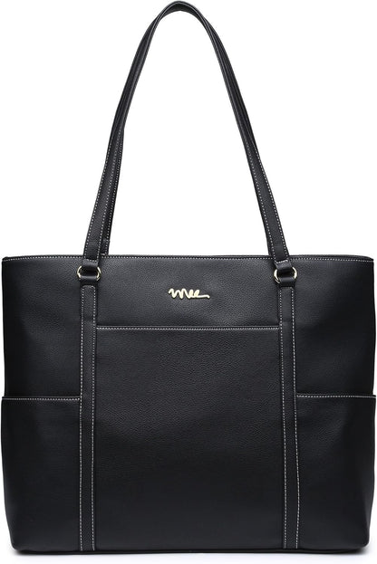 Classic Laptop Leather Tote Bag for 15 15.6 inch Notebook Computers Travel Carrying Bag with Smart Trolley Strap Design - Black