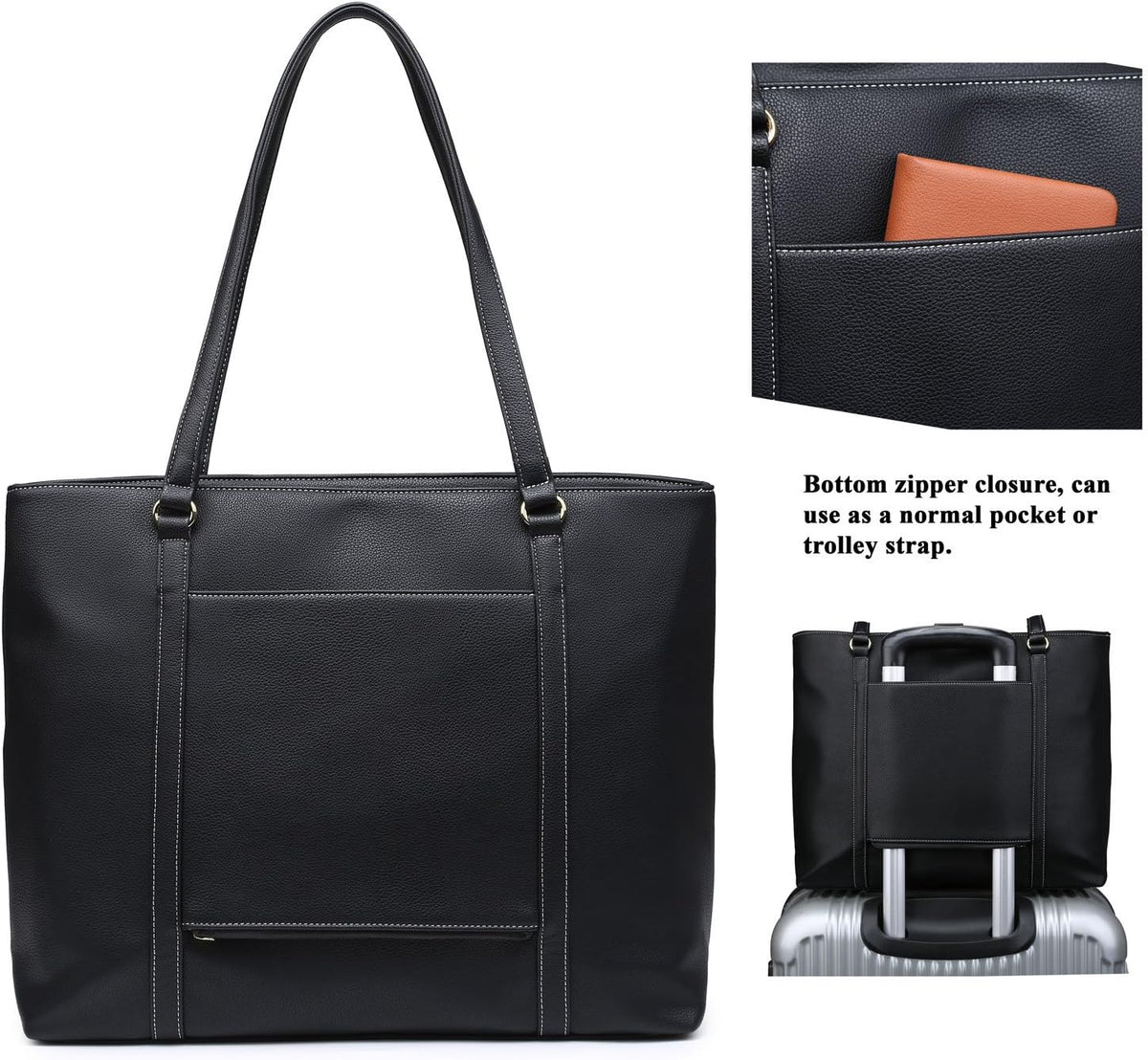 Classic Laptop Leather Tote Bag for 15 15.6 inch Notebook Computers Travel Carrying Bag with Smart Trolley Strap Design - Black