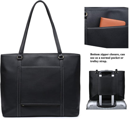 Classic Laptop Leather Tote Bag for 15 15.6 inch Notebook Computers Travel Carrying Bag with Smart Trolley Strap Design - Black