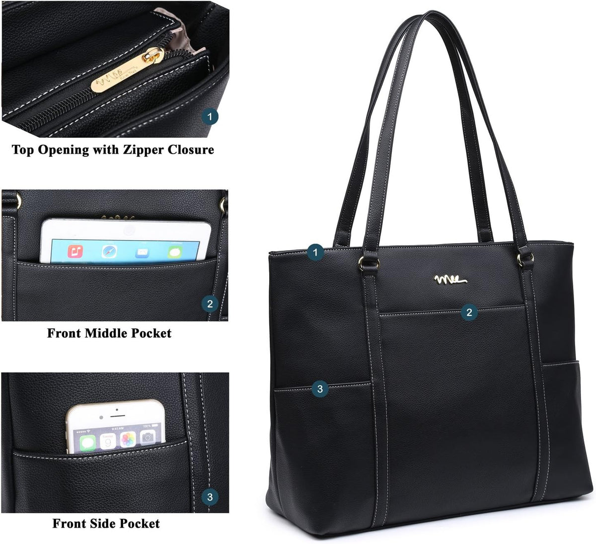 Classic Laptop Leather Tote Bag for 15 15.6 inch Notebook Computers Travel Carrying Bag with Smart Trolley Strap Design - Black