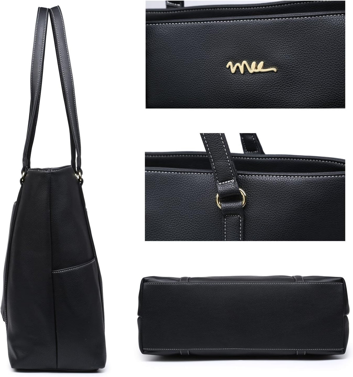Classic Laptop Leather Tote Bag for 15 15.6 inch Notebook Computers Travel Carrying Bag with Smart Trolley Strap Design - Black