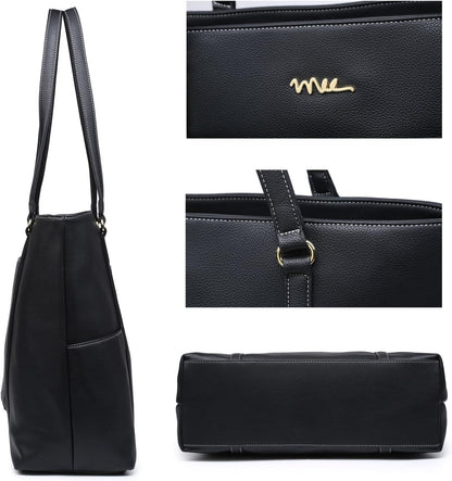 Classic Laptop Leather Tote Bag for 15 15.6 inch Notebook Computers Travel Carrying Bag with Smart Trolley Strap Design - Black