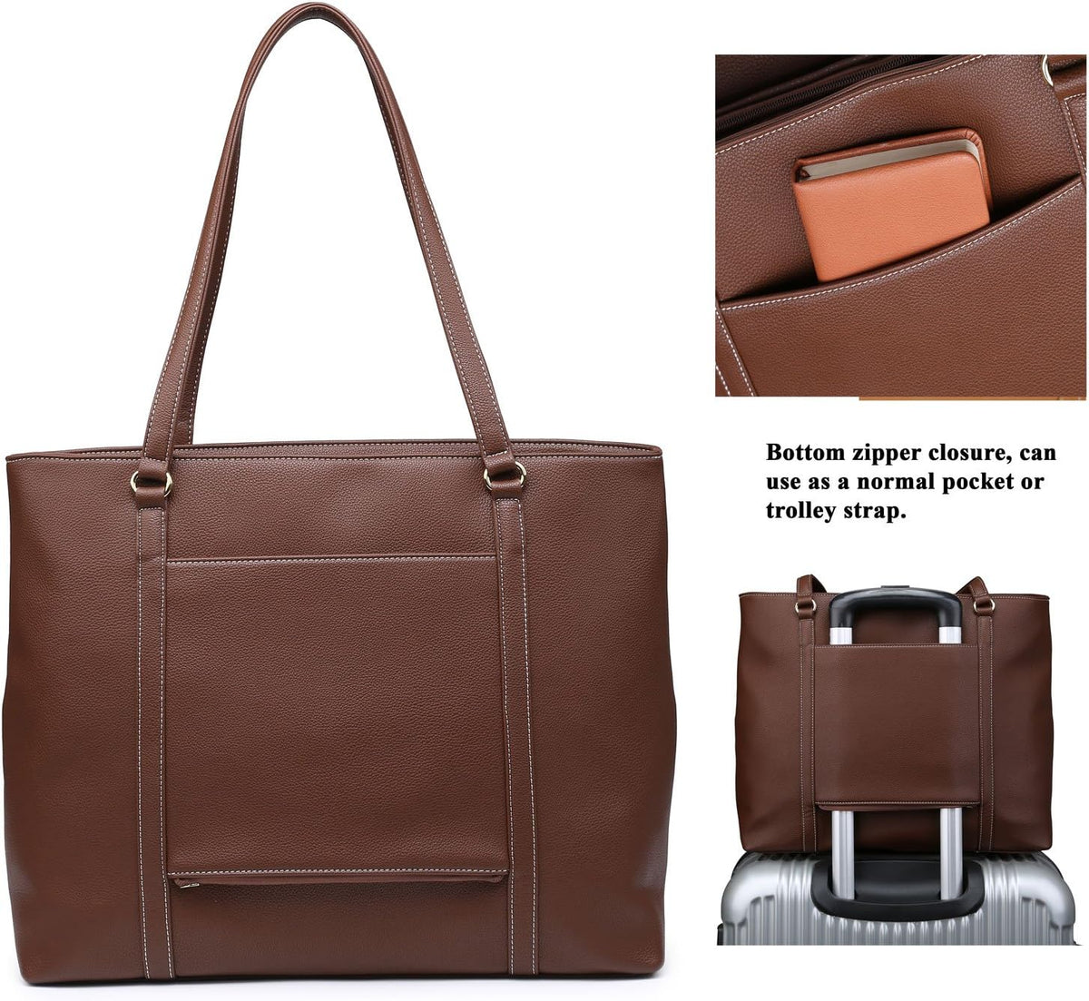 Classic Laptop Leather Tote Bag for 15 15.6 inch Notebook Computers Travel Carrying Bag with Smart Trolley Strap Design - Black
