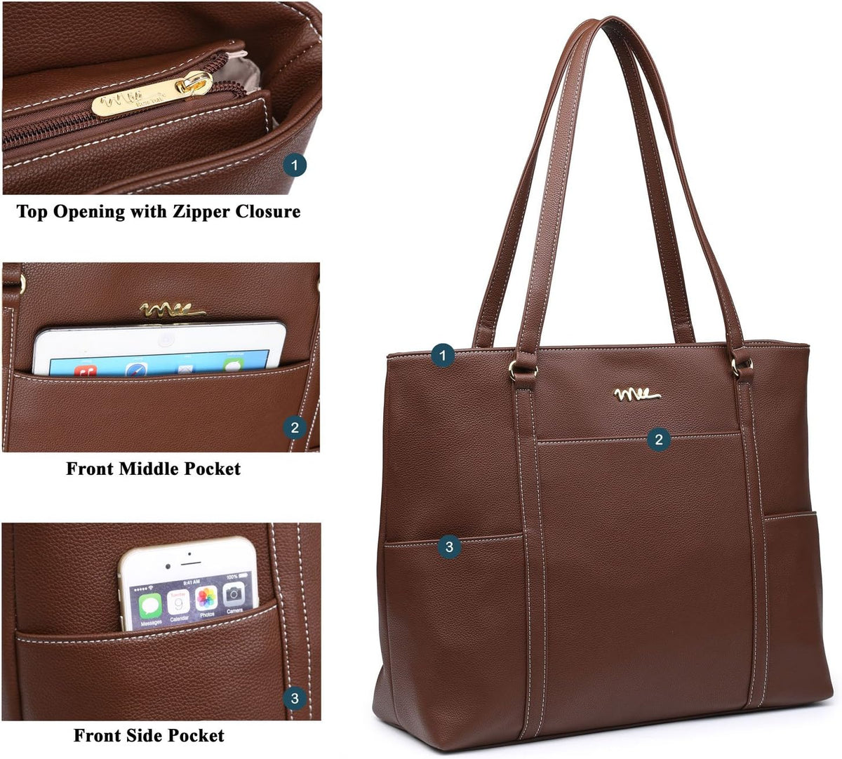 Classic Laptop Leather Tote Bag for 15 15.6 inch Notebook Computers Travel Carrying Bag with Smart Trolley Strap Design - Black